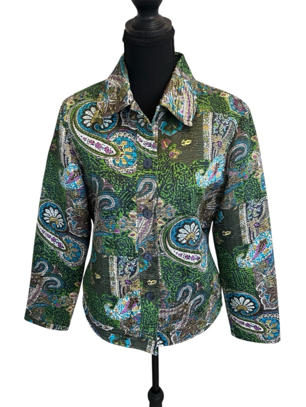 🦚 Analogy Petite | Vibrant Paisley Patchwork Statement Button‑Front Jacket PM - Picture 2 of 6
